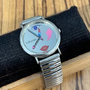 Clickers Watch Analog Lipstick Face Makeup Stretch Band Silver Needs Battery